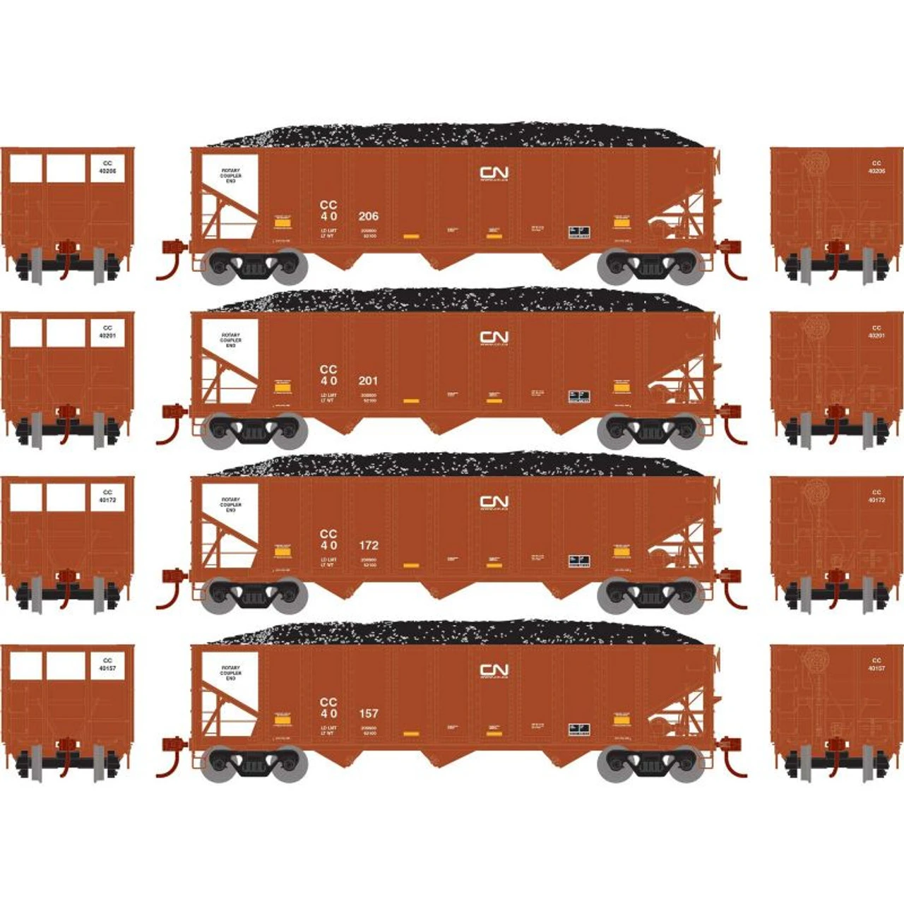 Athearn RTR 15167 - 40' 3-Bay Ribbed Hopper W/ Load Canadian National (CC) 40206, 40201, 40172, 40157 - HO Scale 3 Athearn RTR 15167 - 40' 3-Bay Ribbed Hopper W/ Load Canadian National (CC) 40206, 40201, 40172, 40157 - HO Scale