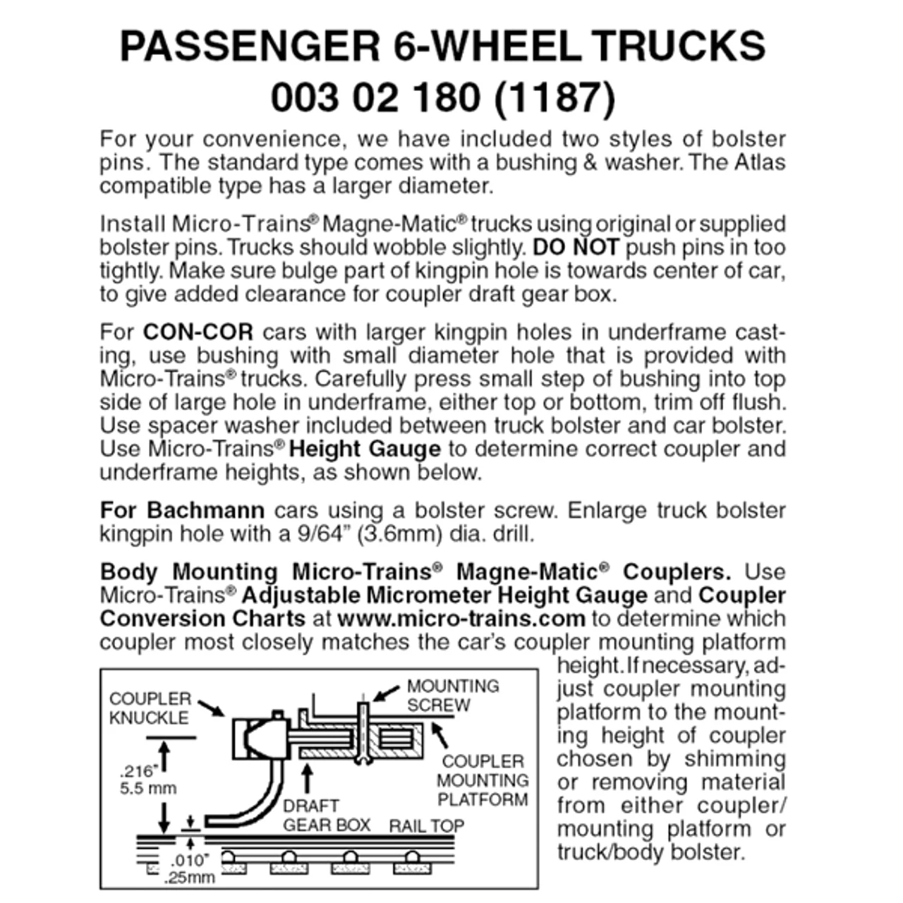 Micro-Trains 00302180 - 6-wheel Passenger Truck 36" Wheels (1187) 1 Pair 3 Micro-Trains 00302180 - 6-wheel Passenger Truck 36" Wheels (1187) 1 Pair